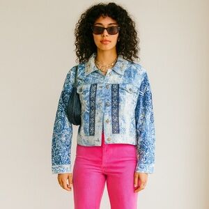 CHICO'S Royal Blue and White Embellished Cropped Denim Jacket XL